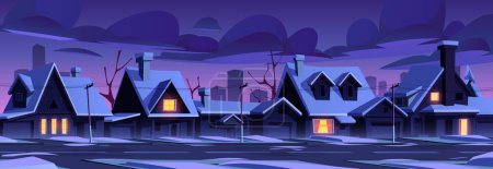 Illustration for City neighborhood with street, houses and snow at night. Winter landscape of suburban district with cottages, residential buildings and road, vector cartoon illustration - Royalty Free Image