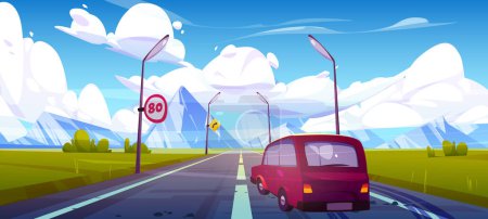 Illustration for Mountain landscape with road and car, cartoon vector. Speed limit sign and outdoor lamp on drive way. Travel to Patagonia illustration. Cloud sky nature view. Vehicle route in beautiful location. - Royalty Free Image