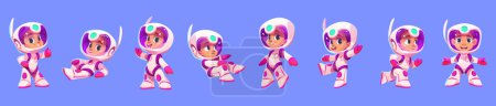 Illustration for Cartoon vector illustration set of kid astronaut in space. Isolated little spaceman in white suit and helmet lie, run or go on blue background. Cute cosmic boy in various poses - Royalty Free Image
