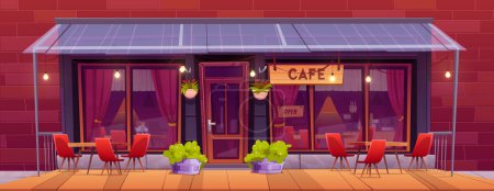 Illustration for City street with cafe exterior with tables and chairs on terrace outdoor. Town building with restaurant, coffee shop or cafeteria facade, vector cartoon illustration - Royalty Free Image