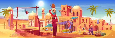 Illustration pour Ancienne ville arabe avec de vieilles maisons et bâtiments dans le désert. Paysage urbain arabe avec marché, puits d'eau, mosquée et femme avec cruche sur la tête, illustration vectorielle de dessin animé - image libre de droit