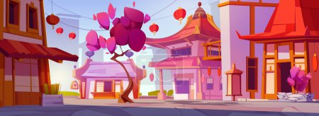 Street view in Chinatown with cherry blossom cartoon landscape. Sakura tree near japan building and city road in village. Travel to lantern on asian house or oriental cityscape.