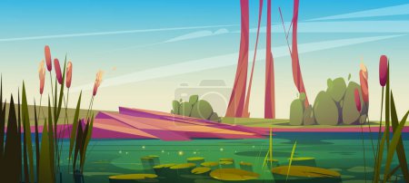 Illustration for Green swamp and cattail near lake vector background. Pond in bush with bulrush in park. Dirty water in river cartoon illustration for fantasy game. Foreground with wild landscape. - Royalty Free Image