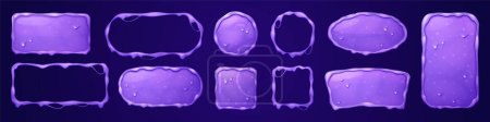 Illustration for Slime name plate kit for game ui. Purple phlegm texture square and circle avatar frame isolated vector set. Violet button with liquid drop design asset for web interface. Goo sign tag with border. - Royalty Free Image
