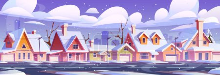Ilustración de Caricatura nevada calle de invierno en la ciudad suburbana. Ilustración vectorial de casas y garajes, camino vacío, árboles desnudos cubiertos de nieve, cielo gris con nubes y nevadas, siluetas de edificios urbanos - Imagen libre de derechos