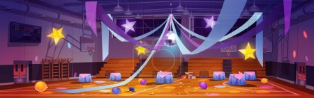 Illustration for Mess in empty school gym after dance party. Vector cartoon illustration of chaos in sports hall after college prom or graduation ceremony. Disco ball, stars and ribbons decoration, confetti on floor - Royalty Free Image
