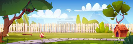 Ilustración de Patio trasero de dibujos animados en verano con casa de perro y juguetes para niños. Ilustración vectorial de jardín verde con flores y césped, columpio hecho a mano en el árbol, bola colorida, y perrera de mascotas rodeada de valla de madera - Imagen libre de derechos