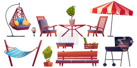 Illustration for Cartoon set of garden furniture isolated on white background. Vector illustration of wooden table, bench and chairs, grill, umbrella, hammock and handing armchair. Home bbq party on summer terrace - Royalty Free Image