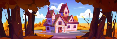 Ilustración de Autumn landscape with forest and village house. Nature scene with countryside cottage, garden with trees and bushes with orange foliage in fall, vector cartoon illustration - Imagen libre de derechos
