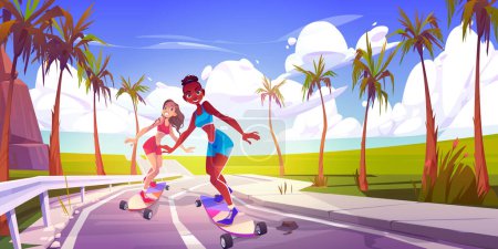 Illustration for Young sexy woman on skateboard riding along the palm road. Cartoon tropical summer vector landscape background for design travel illustration. Female together enjoying speed skateboarding. - Royalty Free Image