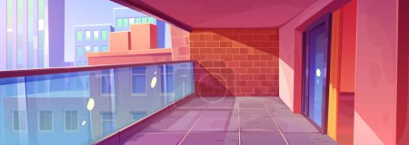 Illustration for Empty apartment balcony interior with city view. Vector cartoon illustration of modern house or hotel building terrace with brick wall and glass door. Urban skyscrapers outside. Downtown background - Royalty Free Image