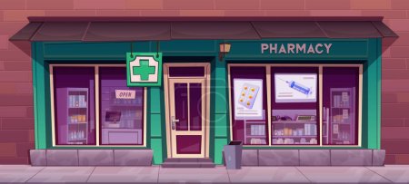 Pharmacy shop facade. Medical store building exterior with cross signboard. Drugstore vector house street cartoon background. Small medicine business illustration with health symbol.