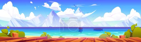 Illustration for Boardwalk or pier on lake shore with mountains on horizon. Wooden dock or embankment on river beach. Summer landscape with wood terrace and boats in water, vector cartoon illustration - Royalty Free Image
