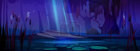 Ilustración de Cartoon pond with cattails at night. Vector illustration of fantasy landscape with moonlight shimmering on lake water surface, stones and ancient trees. Background for romantic date. Mysterious scene - Imagen libre de derechos