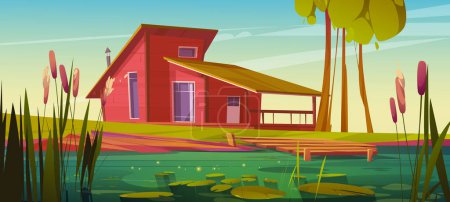 Illustration for Cartoon wooden house near swamp with cattails. Vector illustration of natural landscape with green grass and trees, countryside cottage building in meadow, sunlight sparkling on water lake surface - Royalty Free Image