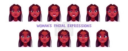 Girl character avatar, woman face with different emotions. Young african american woman with happy, angry, sad and surprised facial expression, vector cartoon set