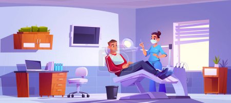 Dental clinic room in hospital. Female dentist with man patient take care of toothache in cabinet. Orthodontist appointment in stomatology office. Consulting oral checkup and diagnostic.