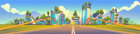Ilustración de Cityscape with road and modern buildings and houses. Futuristic urban landscape with town street, eco houses with green trees on roof, vector illustration in contemporary style - Imagen libre de derechos