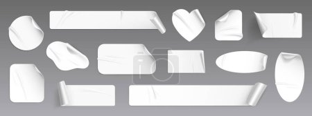 Illustration for White peel off realistic paper sticker, isolated vector. Round blank 3d label mockup with fold. Bent square note illustration. Sticky oval and rectangular postit elements for advertisement. - Royalty Free Image