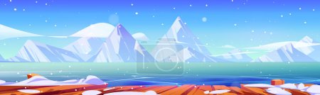 Illustration for Lake with ice, wood pier and mountains in winter. Landscape with frozen river water, snow on wooden berth or embankment and white rocks on horizon, vector cartoon illustration - Royalty Free Image