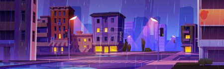 Illustration for Night city street crossroad scene with car traffic. Evening in rainy town with lamp light on road cartoon vector background. Dark house with apartment and coffee shop. Urban panorama view. - Royalty Free Image