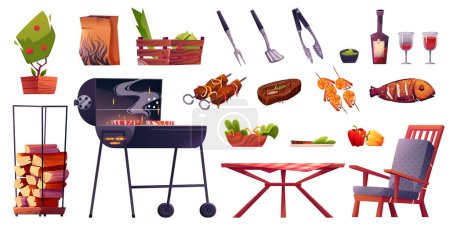 Ilustración de Cartoon set of food and furniture for bbq picnic design isolated on white background. Vector illustration of chair and table, grill, cooked meat, fish and vegetable dishes. Barbeque party elements - Imagen libre de derechos