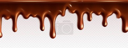 Téléchargez les illustrations : Realistic dripping chocolate texture. Vector isolated border of liquid melted chocolate cream for cake. 3d drip flow of dark cacao for dessert decoration. Brown horizontal glaze wave with tickle. - en licence libre de droit
