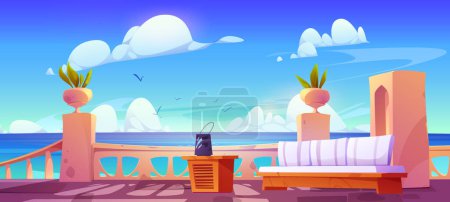Téléchargez les illustrations : Hotel balcony or terrace with view on mediterranean sea. Summer landscape of sea beach with house veranda or patio with white balustrade, sofa and table, vector cartoon illustration - en licence libre de droit