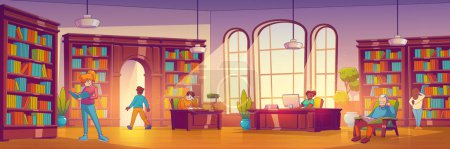 Téléchargez les illustrations : School library or store with books on shelves and people read and study. Public library interior with bookcases, tables and chairs, vector illustration in contemporary style - en licence libre de droit