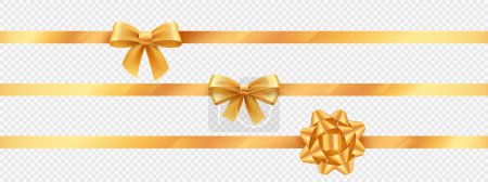 Gold ribbon knot set for holiday present. Yellow birthday package gift bow. Realistic 3d vector tape texture set. Border for anniversary greeting surprise. Valentine beautiful glossy tinsel.