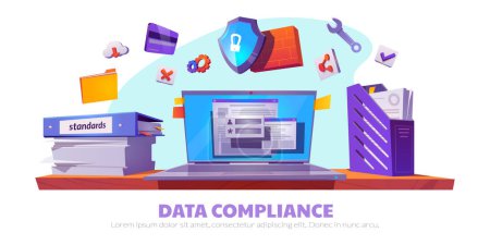 Téléchargez les illustrations : Data compliance cartoon banner template. Vector illustration of laptop, shield lock, credit card, folder with papers, brick wall, cloud and checkmark icons. Symbols of information security protection - en licence libre de droit