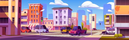 Illustration for Cartoon city street intersection with many cars. Vector illustration of traffic jam on urban road, vehicles and police auto, buildings with cafe, book store, skyscraper silhouettes under blue sky - Royalty Free Image