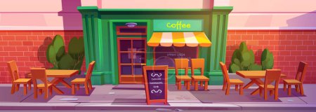 Coffee shop, cafe or restaurant exterior on city street. Building facade with cafeteria storefront with door, awning and window, signboard, tables and chairs outdoor, vector cartoon illustration