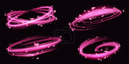Rosa movimiento ligero remolino y volar pétalos de flor de cerezo elemento de juego vectorial aislado. Conjunto de pista de velocidad con brillo sobre fondo transparente. Ondas espirales y dinámicas de neón con partículas de brillo.