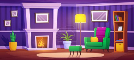 Living room with burning fireplace. Vector cartoon illustration of retro style home interior with armchair, floor lamp, books on shelf in bookcase, blank picture frames on purple walls, potted plants