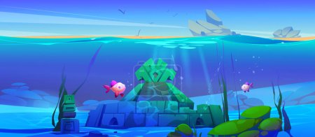 Ancient underwater ruins on sea bottom. Vector cartoon illustration of old stone building or treasure cave, antique inscriptions, mysterious signs on bricks, fish in water. Adventure game background