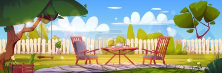 Frühstück im Hinterhof des Hauses mit Tisch und Stuhl auf grünem Gras, Baumschaukel. Cartoon-Vektor-Illustration von Gartenmöbeln im Freien. Außengestaltung auf dem Land am sonnigen Morgen am Wochenende.