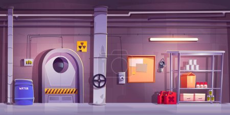 Underground bunker interior design. Vector cartoon illustration of shelter room with radiation hazard sign, gas mask on congrete wall, metal door, shelves with water, canned food and equipment stock