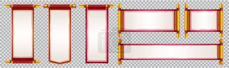 Ilustración de Chinese paper scroll vector banner set. Red and gold Japanese dialogue frame for interface game. Blank old realistic parchment golden roll isolated on transparent background. - Imagen libre de derechos