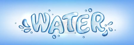 Illustration for Realistic water text with splash in vector. 3d bubble font with aqua droplet top view. Fresh liquid type effect. Blue pure glossy capital letter set. Beautiful wet flow writing macro view. - Royalty Free Image