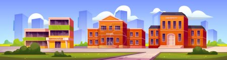 Téléchargez les illustrations : Buildings of school, kindergarten and university and yard with green grass. Summer landscape with education houses, college, primary school and daycare center, vector cartoon illustration - en licence libre de droit