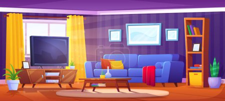 Cartoon living room interior with sofa and tv. Sunlight from window in apartment. Television, couch with plaid, pot and carpet inside flat. Bookcase near coffee table in lounge area of house.