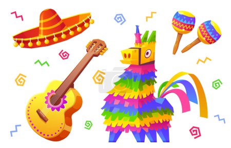 Illustration for Mexican birthday vector set with pinata and sombrero. Isolated cartoon png collecton wit carnival hat, guitar, maracas and unicorn on white background. Fiesta symbol in Mexico for party decoration. - Royalty Free Image