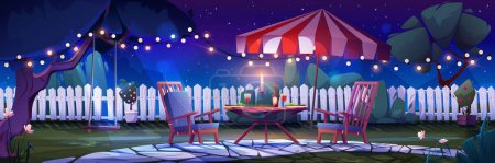 Illustration for Night backyard with romantic party for two. Vector cartoon illustration of table served for dinner with wine bottle and glasses, garden with swing on tree decorated with garlands under starry sky - Royalty Free Image