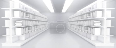 Ilustración de Una maqueta realista del pasillo de la biblioteca. Ilustración vectorial del interior abstracto de la tienda blanca con muchos libros en estantes de pie en filas. Literatura para la educación y el hobby. Sección de lectura en el supermercado - Imagen libre de derechos