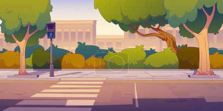 Illustration for Contemporary city street with buildings and green traffic light at crosswalk for pedestrian safety. Vector cartoon illustration of urban houses, empty road, nobody on sidewalk, trees and bushes - Royalty Free Image