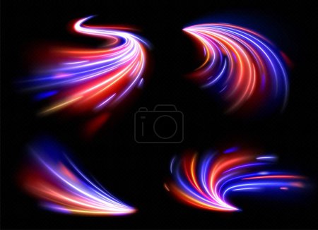 Téléchargez les illustrations : Realistic set of long exposure light effects isolated on black background. Vector illustration of fast speed motion trail, blurred abstract lines. Traffic moving on night road. Magic energy flash - en licence libre de droit
