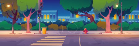 Téléchargez les illustrations : Night city street with buildings, traffic lights at crosswalk for pedestrian safety. Vector illustration of contemporary cartoon houses, empty road and sidewalk, trees and bushes, evening illumination - en licence libre de droit