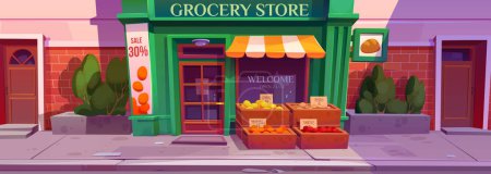 Grocery store front on morning city street. Vector cartoon illustration of open shop with large window and wooden door, boxes of fresh fruit and vegetables outside, sale announcement sign on facade