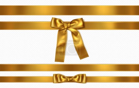 Realistic set of golden ribbon with knot and bow on transparent illustration. Vector illustration of tied silk tape png, gift package decoration. Symbol of surprise, birthday present, holday discount